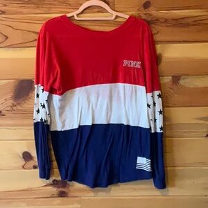 PINK Victoria's Secret Red, White Long Sleeve Tee with Bold Sleeve Design